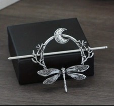 Dragonfly And Crescent Moon Hair Stick Pin Silver Colour Boho Vintage Deco New