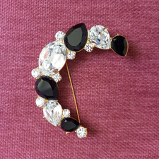 Vtg Monet Crescent Moon Brooch Black & Clear Crystals w Gold Tone Backing