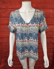 White Stuff Blue Multi Abstract Bird Pattern Short Sleeve V Neck Top Size 10