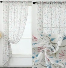 Humming Bird / Butterfly Floral Design White Slot Top Header Voile Curtain Panel