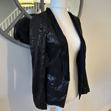 ZARA Sequin Blazer Satin Lapel Tux Jacket Black Size XS Uk 6 8