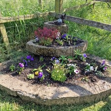 Unique Huge 7 Ft Natural Stone Reclaimed Three Tier Stone Corner Trough Planter