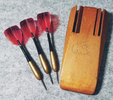 Antique Vintage Hand Made Wooden Dart Case with Brass Darts