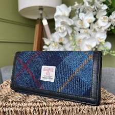 Harris Tweed Long Purse Wallet Card Holder Blue Tartan Check Wool