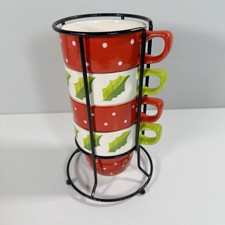 M&S Stacking Christmas Mugs, Set of 4 with Stand, Red Polka Dot Holly Leaf