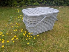 Large Plastic Picnic Basket Lid Handles Camping Travel Food Hamper Organiser NEW