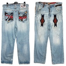 Akademiks Light Blue Aztec Pattern Embroidered Y2K Hip Hop Jeans, W36