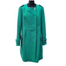 Red Herring Coat Women's UK Size 16 Green Collarless A-Line Wool Peacoat