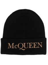 ALEXANDER MCQUEEN BLACK CASHMERE OVERSIZED EMBROIDERED LOGO BEANIE HAT