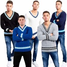 Men's V Neck Pullover Sweater Long Sleeve Cable Knit Cricket Jumper UK Size S-XL