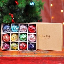 FROSTED COLOURED x 12  Vintage Glass CHRISTMAS TREE BAUBLES, MULTICOLOURED,  C05
