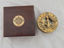 Vintage Brass Round Hatton Garden London Sundial Compass In Wooden Box - CG A21