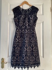 Next Beautiful Navy With Nude Lining Crochet Lace Overlay Fitted Dress Bnwt 8