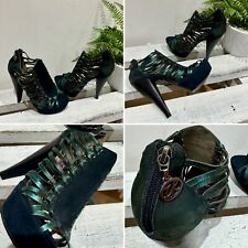 Zandra Rhodes Strutt Couture Metal Green Leather Caged Platform Heels Shoes 4 37