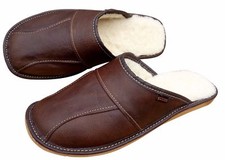 Men's Sheepskin Slippers Brown Wool Leather House Shoes Size 6.5-11 Scuffs Mules