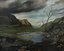 Moody Painting Original, Scotland UK Mountains Loch Landscape Vintage Signed 
