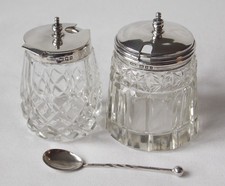 2 ANTIQUE STERLING SILVER LIDDED CUT GLASS MUSTARD POTS LONDON 1923 & 1925