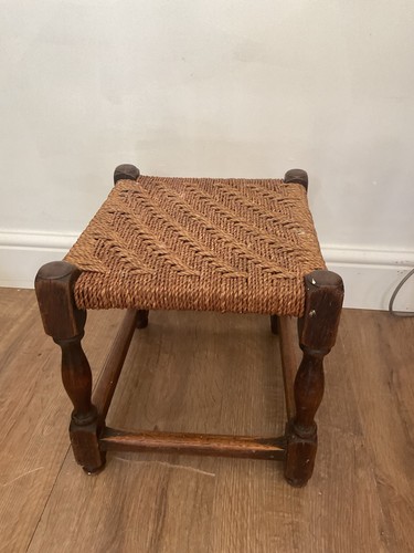 Vintage small oak wicker stool - small,