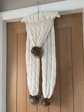 CREAM IVORY Cable Knit Hat & Scarf Set BROWN FAUX FUR 3 POM POMS WINTER BEIGE