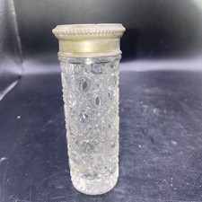 Antique Round Tall Trinket Bottle Jar Cut Glass Crystal Brass Ornate Lid Vintage