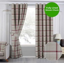 Home Curtains Hudson Check Lined Woven Eyelet Ring Curtains 45x45 Red Brand New