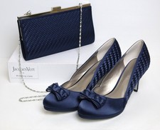 Jacques Vert Navy Sateen Basket Weave Shoes UK 5 NEW & Matching Bag (Used)