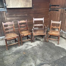 Set Of 4 Similar Antiue Country Oak Chairs Including an Elbow Chair / Carver