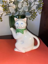 Wood & Sons  Burslem,  White Cat With Blue Eyes And Green Bowtie Teapot~Rare
