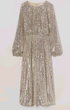 H&M champagne Sequin Dress-Balloon sleeves & cut out across the back Size M BNWT