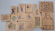 Lot of 15 Wooden Rubber Stamps – Assorted Designs People, Animals, Flowers