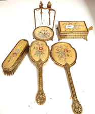 VINTAGE DRESSING TABLE SET Embroidered with filigree metal grooming set