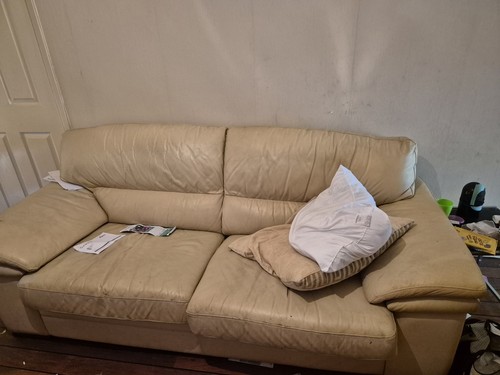 Beige leather sofa couch - leather,