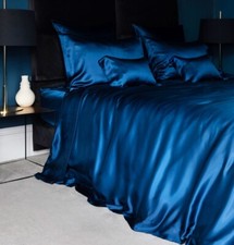 NWT Gingerlily London 100% Mulberry Silk Solid QUEEN Flat Sheet Navy