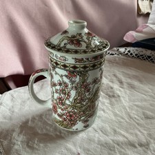 Ceramic Oriental Tea Infusion Mug Strainer & Lid Cherry Tree Blossoms pattern