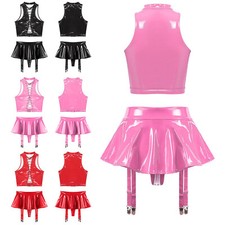 Womens Clubwear 2-pieces Outfit Tempting Leather Set Pole Dancing Garter Belts