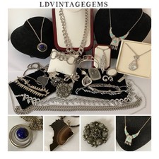 Job Lot Vintage Silver Tone Jewellery Inc Brooches,Lapis Lazuli,Agate Pendants