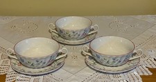 Johnson Brothers Summer Chintz SET of 3 Twin Handled Soup Bowls with Saucers