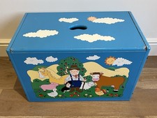 Wooden Toy box  with lid. Blue Painted. Farmyard Scene. Sturdy
