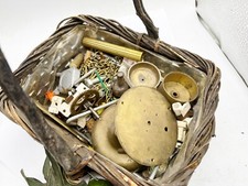 VINTAGE BASKET OF CLOCK PARTS COGS SPROCKETS BRASS FITTINGS ETC