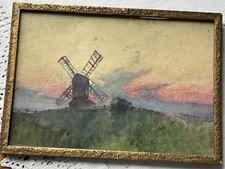 Vintage Watercolour Drawing Painting Windmill Wooden Frame 10.5” x 7.5” Haunting