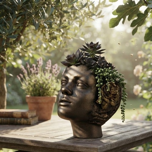 Bronze lady head planter - head, |