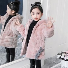 🌟Kids Girls Furry Parka Coat Winter Warm Hooded Jacket Solid Color Overcoat NEW