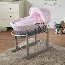 Baby Moses Basket With Stand Pink Dimple Bedding and Mattress Grey Wicker