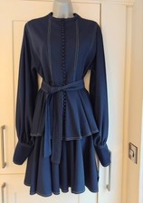 Jean Varon Tiered Dress Belted Balloon Sleeve UK 10 Navy