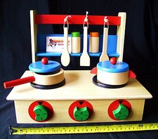 Wooden Portable Folding Cooker toy with pans and utensils