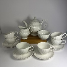 Johnson Brothers - White Swirl Tea Set for 6 - Teapot, Cups, Saucers, Milk, Suga