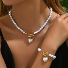 UK Women Ladies Love Heart Pearl Jewelry Necklace Bracelet Set Wedding Gift NEW