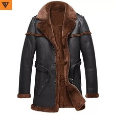 Men's Sheepskin Shearling Long Coat Retro Leisure Bomber Real Leather Overcoat