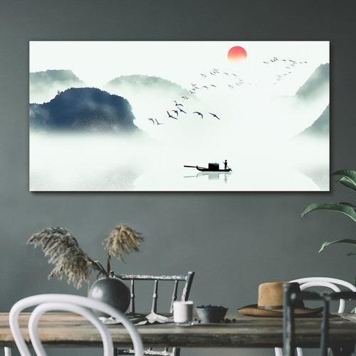 Painting asian lake boat - asian,