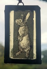 Stained Glass Rabbit amber leaded hanging piece 7 cm x 4 cm